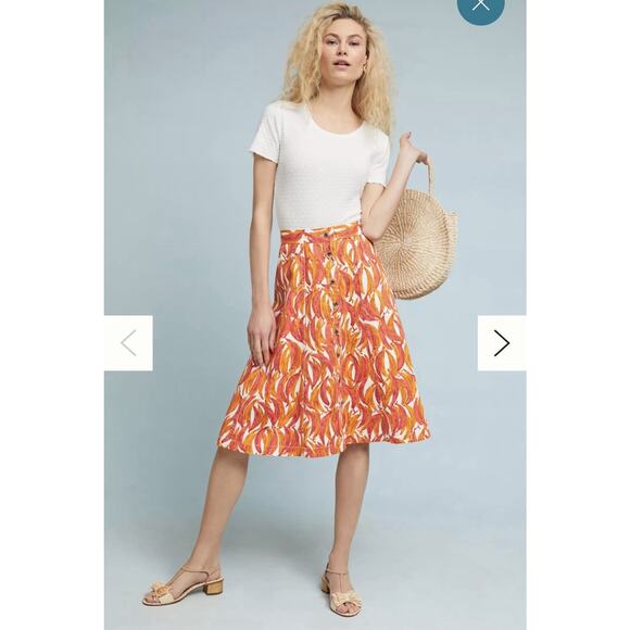 Maeve by Anthropologie Banana Grove Denim Midi Skirt Orange Size 10 Button - Picture 1 of 11